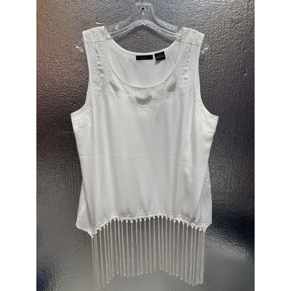 Press‎ White Sleeveless Embroidered Fringe Hem Blouse XL Boho Cutout Tank Top
